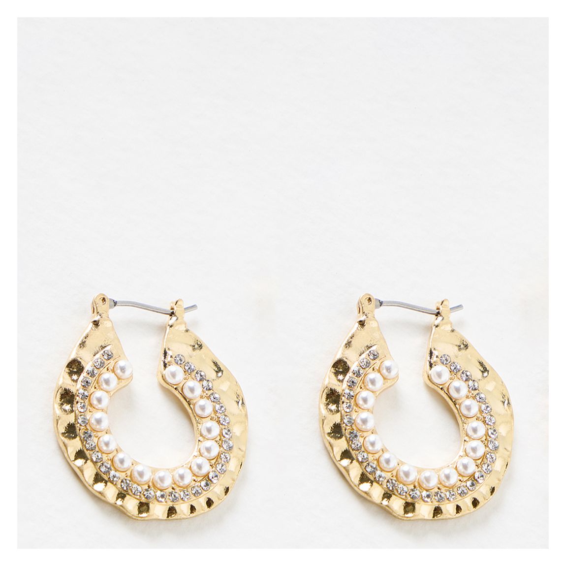 Gold Elodie Faux Pearl & Stone Textured Metal Hoops main product photo