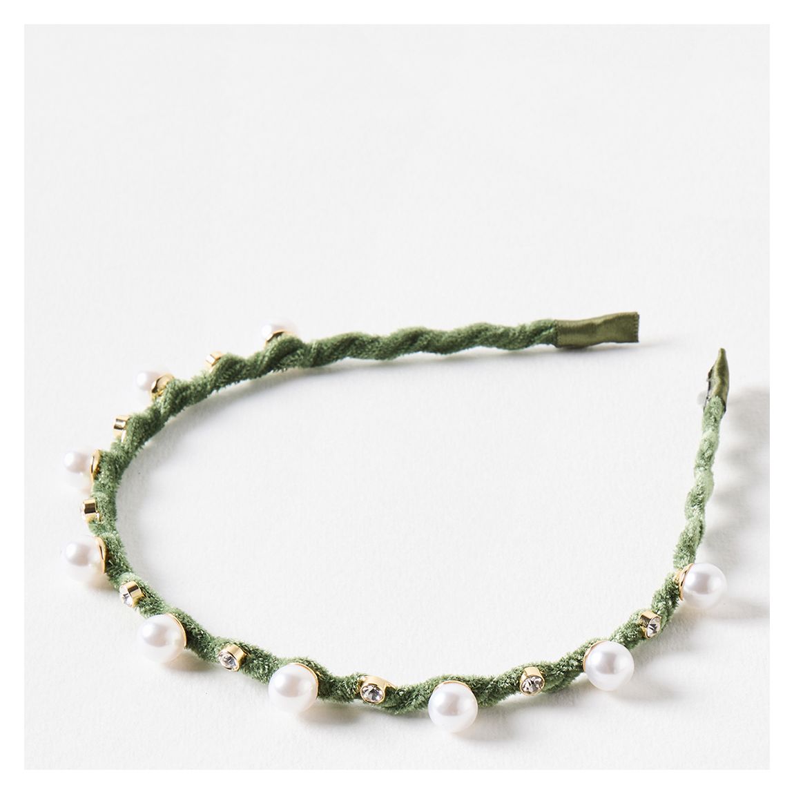 Green Blythe Velvet & Faux Pearl Wavy Headband main product photo