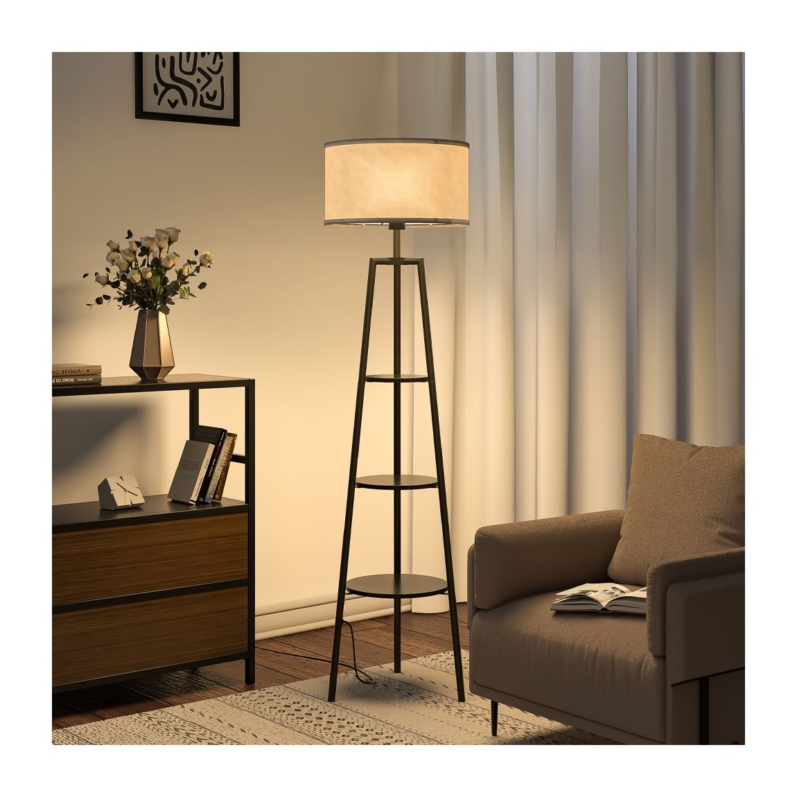 Round Shelf Floor Lamp with Fabric Lampshade main product photo