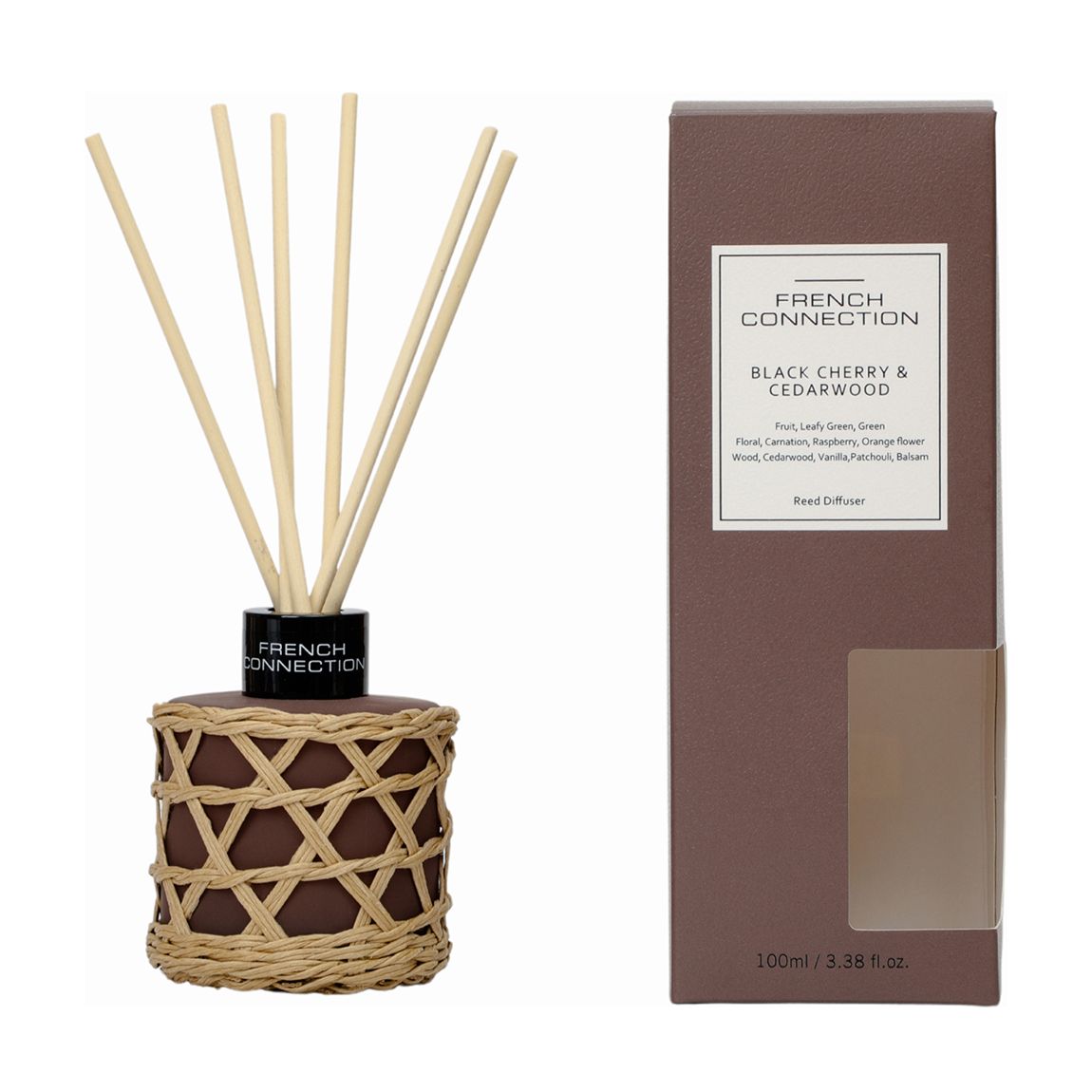 French Connection Woven Detail Brown Black Cherry & Cedarwood Reed Diffuser 100ML main product photo