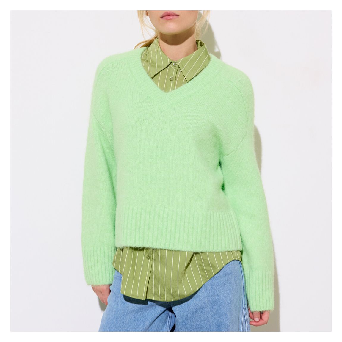 Mint Green Fluffy V-Neck Jumper main product photo