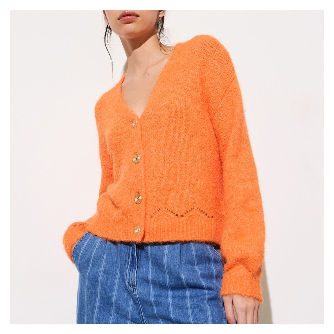 Orange Pointelle V-Neck Cardigan main product photo