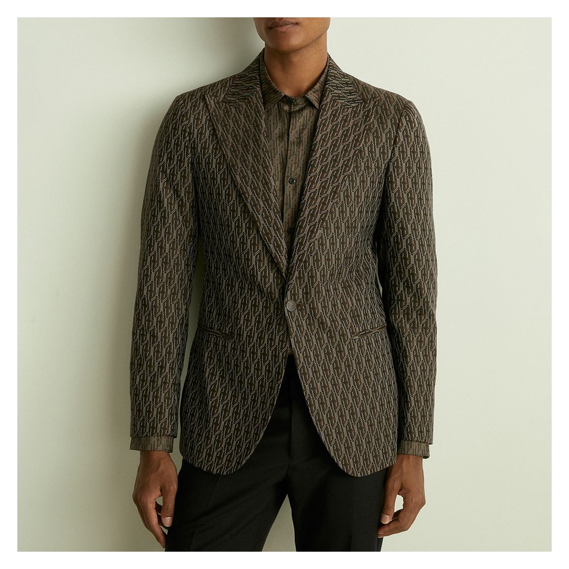 Brown Delt Peak Lapel Monogram Jacquard Woven Blazer main product photo