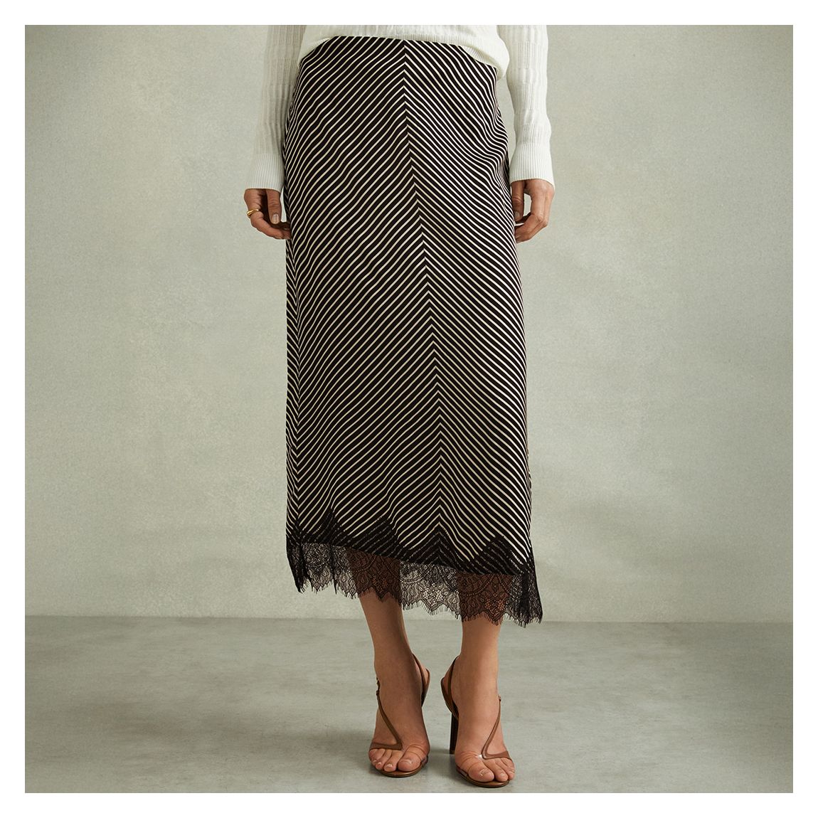 Black/White Ivy Striped Lace Trim Midi Skirt main product photo