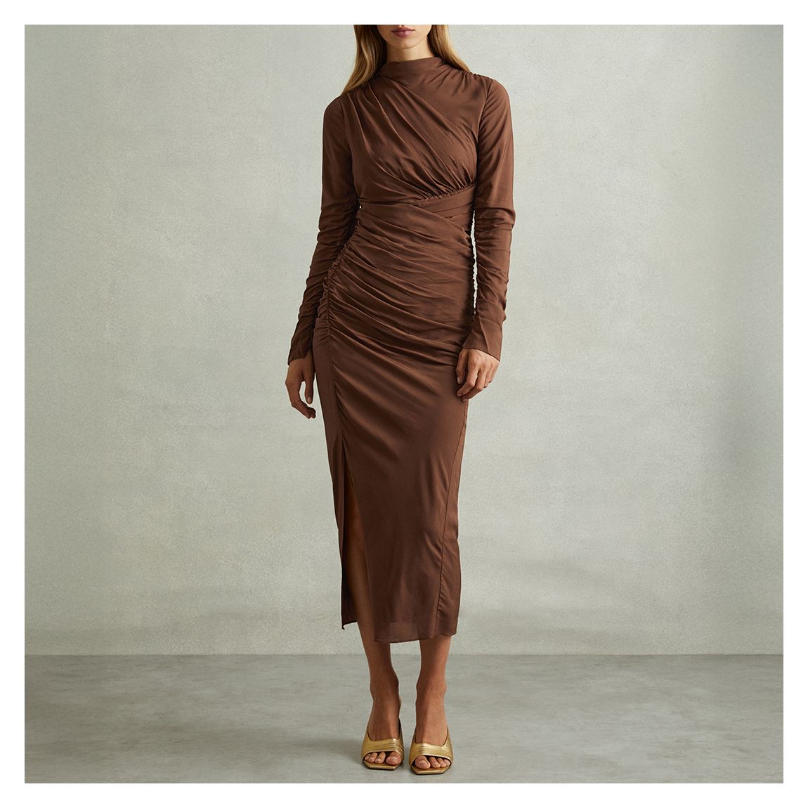 Chocolate Kelly Ruched Midi Dress main product photo