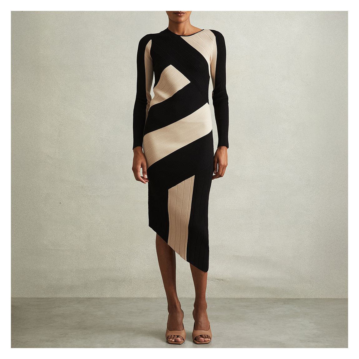 Black/ Camel Jem Knitted Asymmetric Midi Dress main product photo