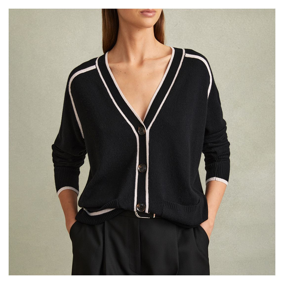 Black Maisie V-Neck Pattern Wool Cardigan main product photo