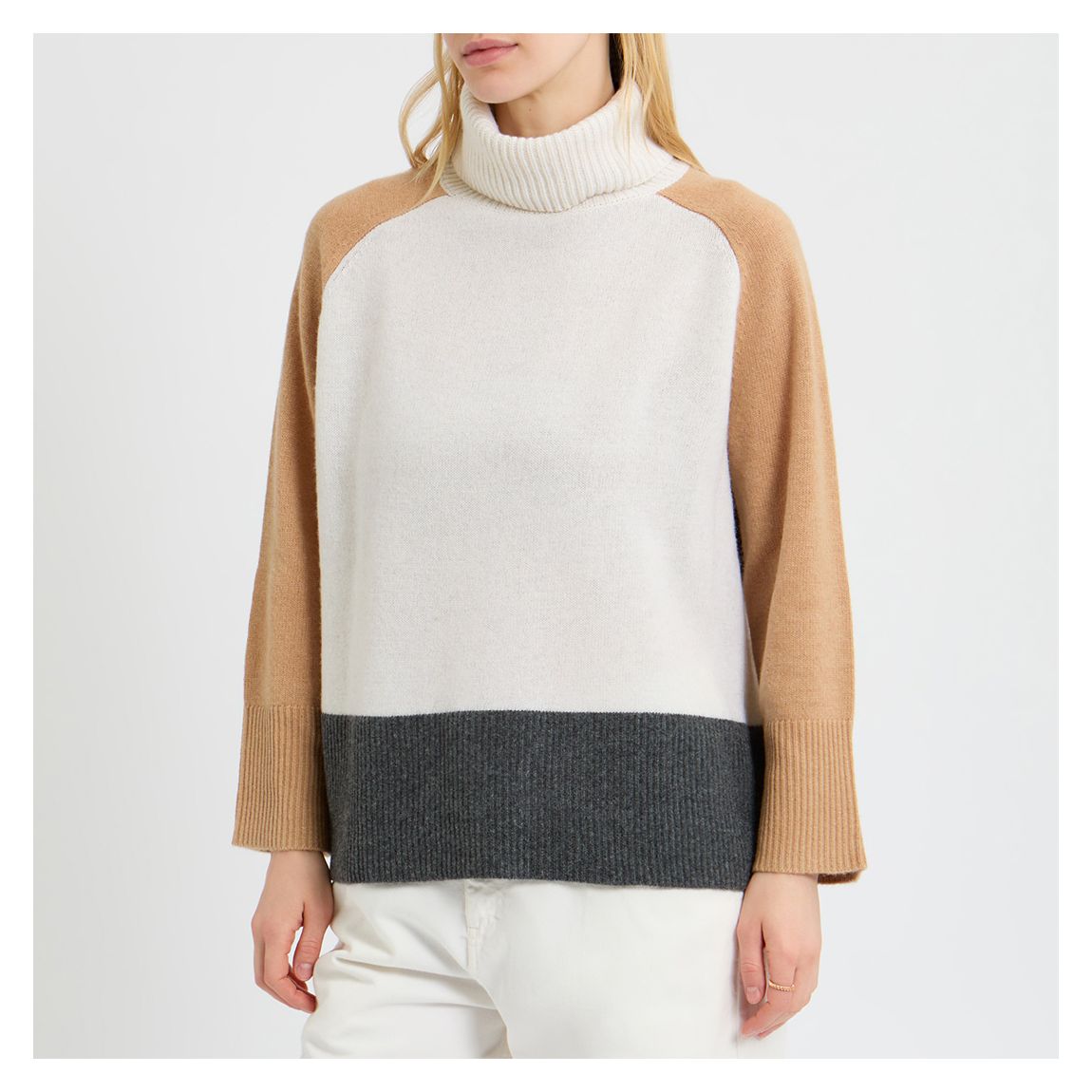 Ivory/Camel Eden Colourblock Roll Neck Jumper main product photo