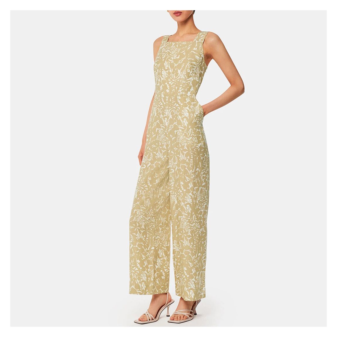 Beige Tropical Leaves Linen Blend Jumpsuit main product photo