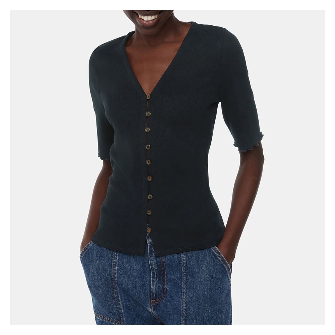 Black Frill Sleeve Button Front Tee main product photo