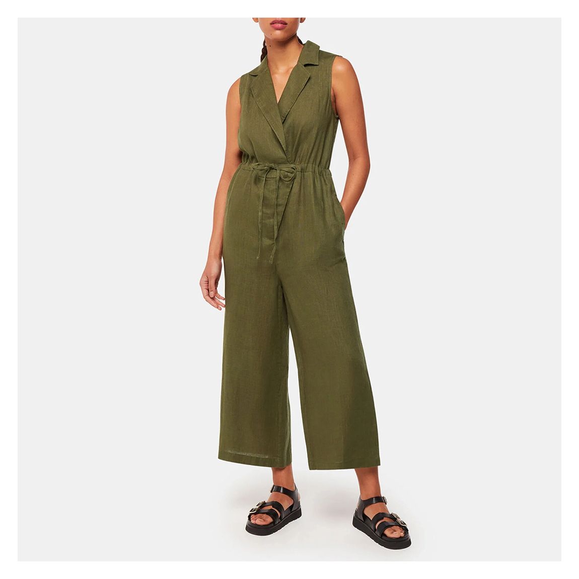 Khaki Bella Linen Wrap Jumpsuit main product photo