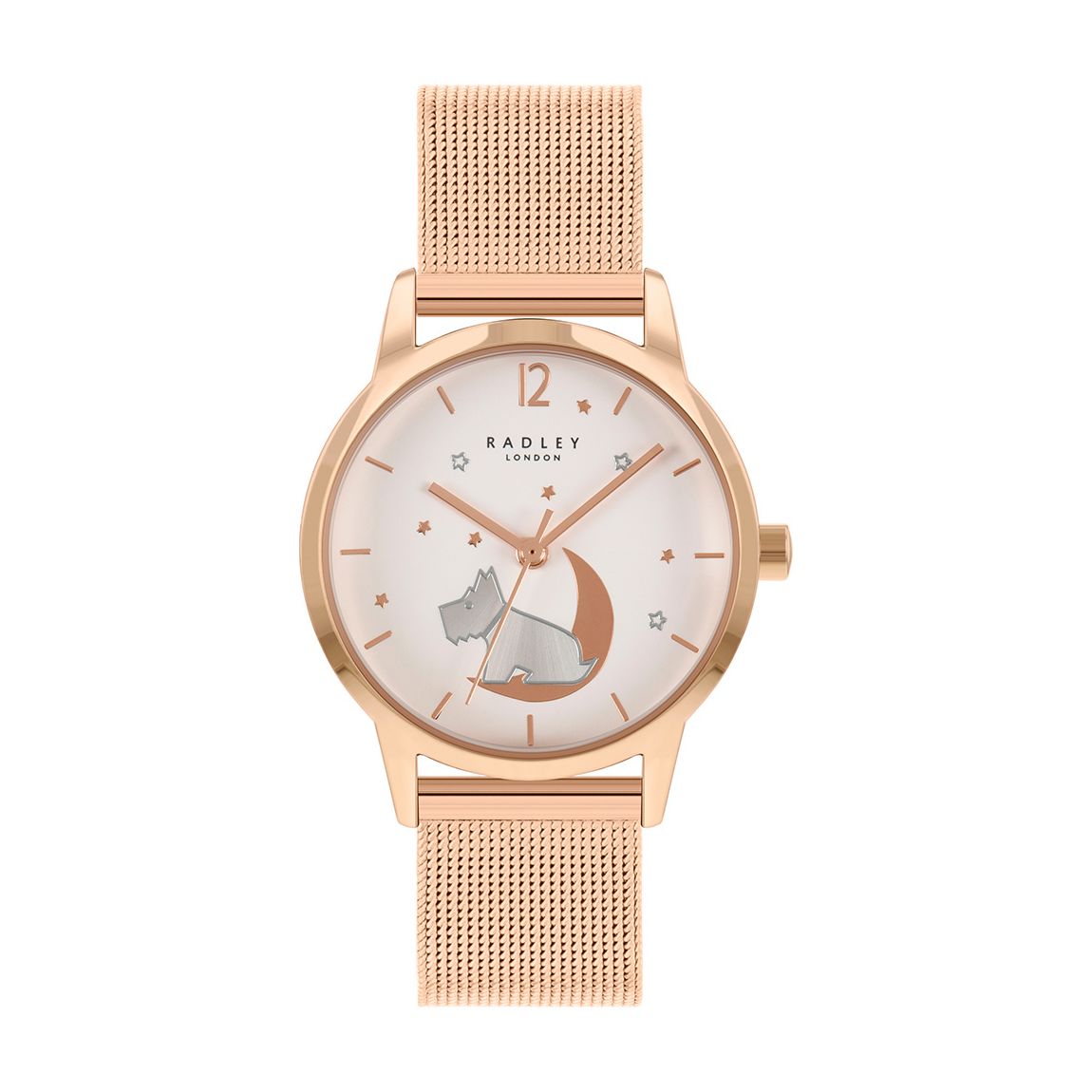 Rose Gold Dog In Moon Mesh Strap Watch And Bracelet Set main product photo