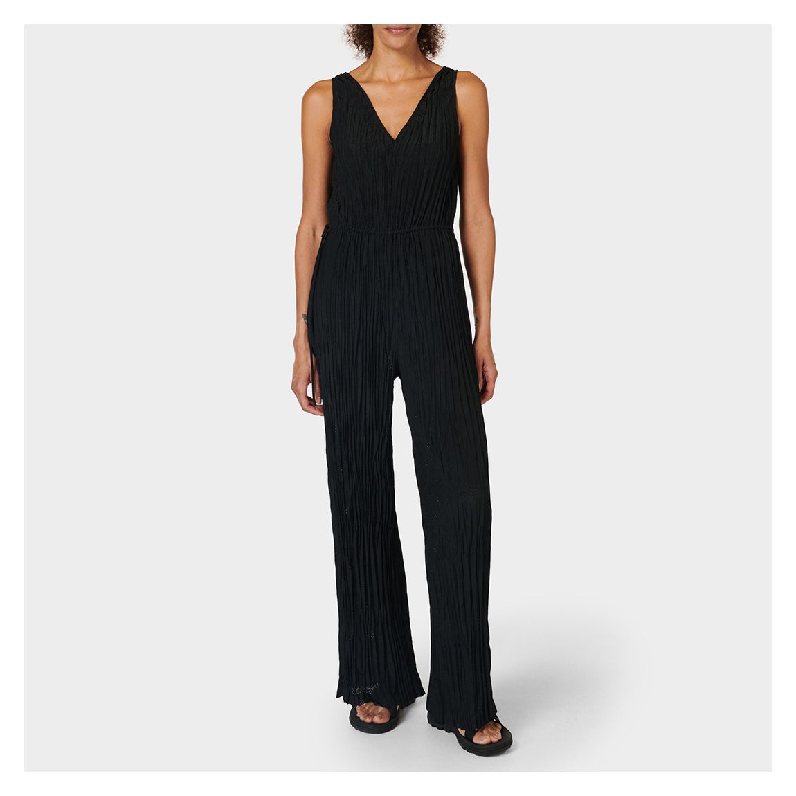 Perforated Plisse Jumpsuit - Black main product photo
