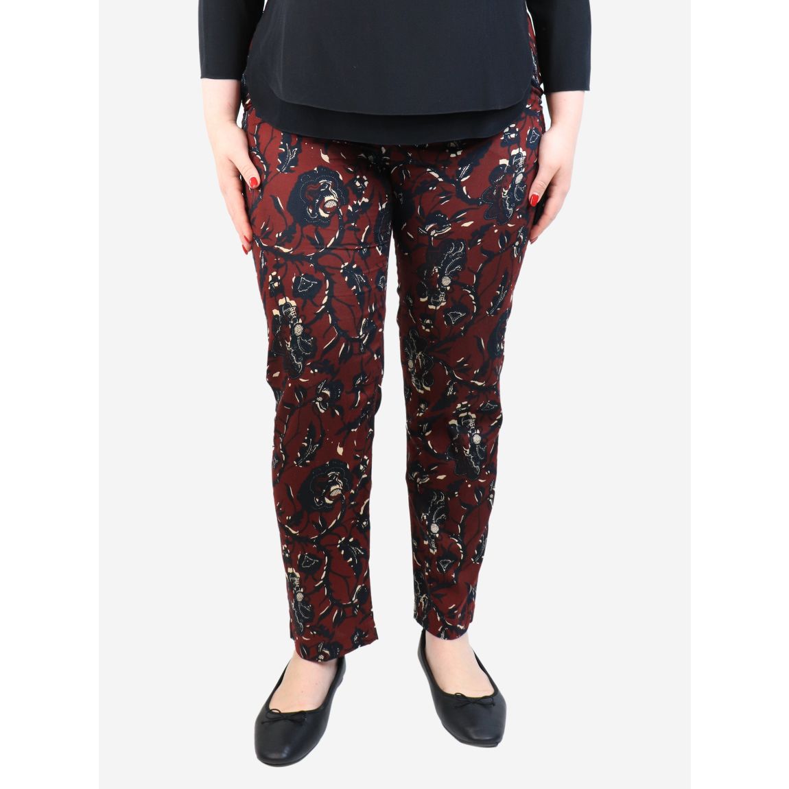 Burgundy floral printed cotton trousers , UK 12 main product photo