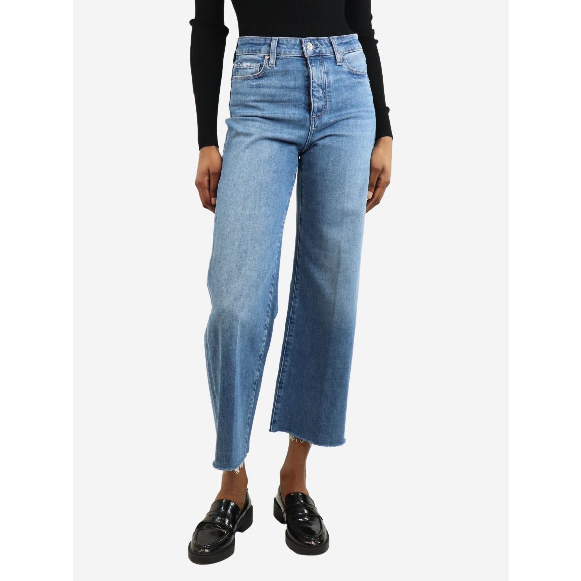 Paige blue raw hem jeans. main product photo