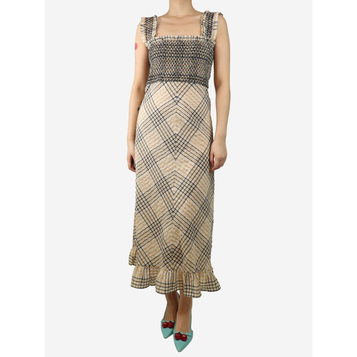 Neutral and black shirred ruffle-trimmed check midi dress main product photo
