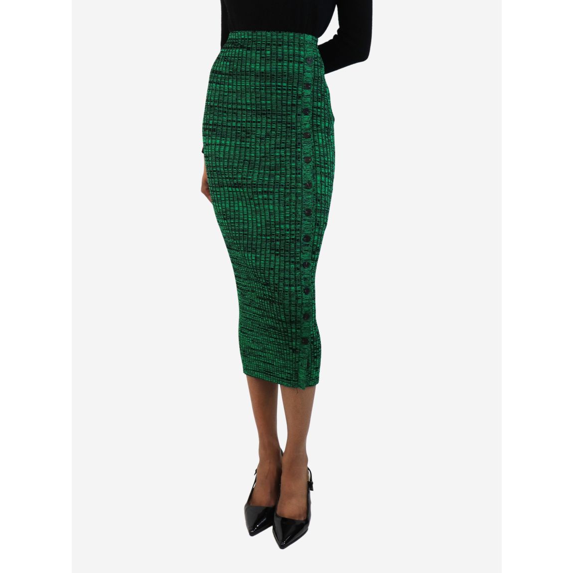 Green and black button rib-knit midi skirt main product photo