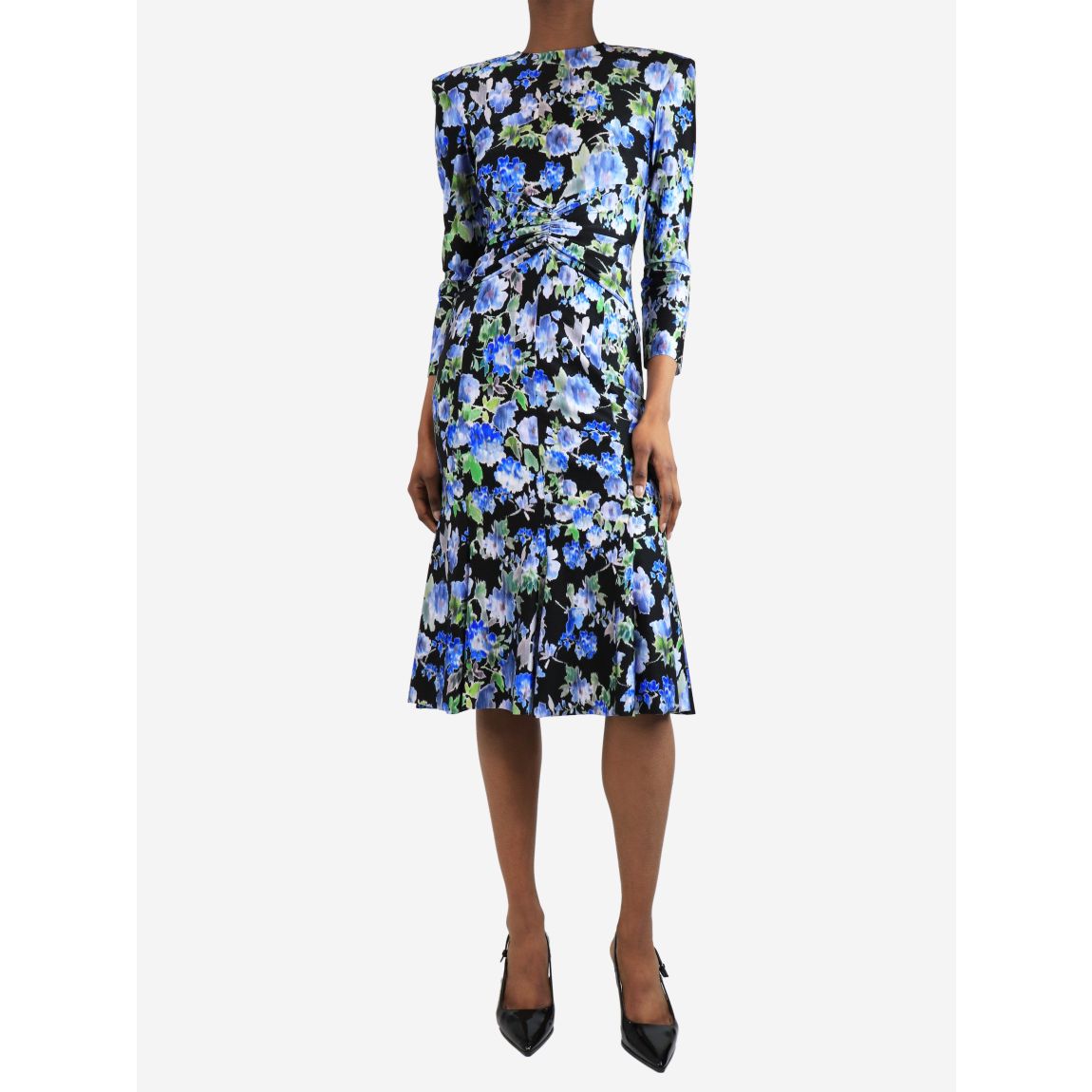 Black satin floral printed gathered midi dress main product photo