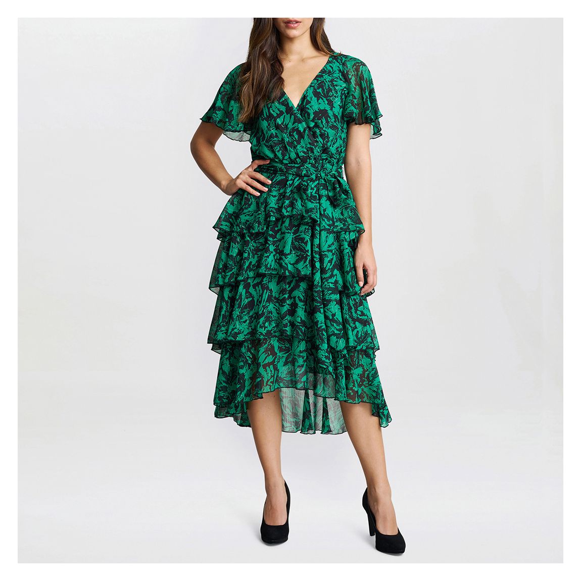 Black/Green Lottie Smocked Waist Tiered Dress main product photo