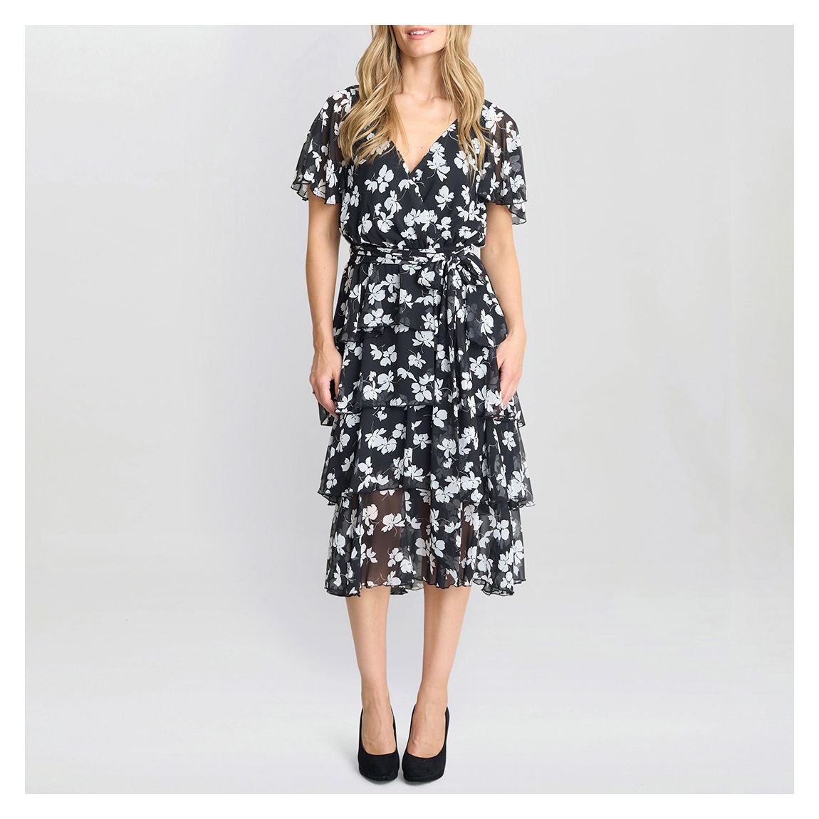 Black/White Lottie Smocked Waist Tiered Dress main product photo
