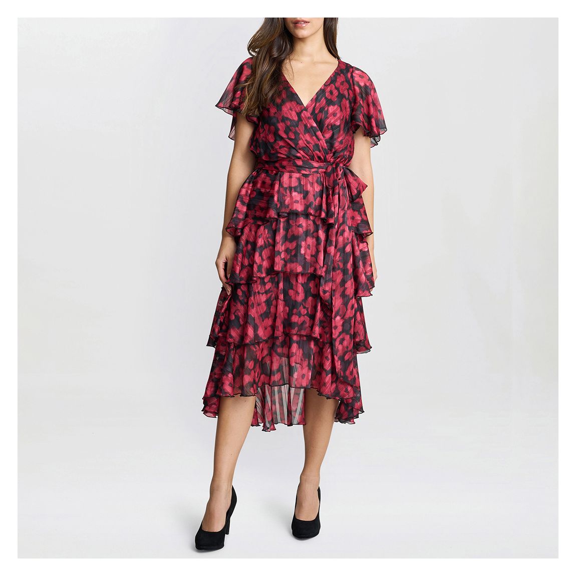 Black/Red Lottie Tie Waist Tiered Dress main product photo