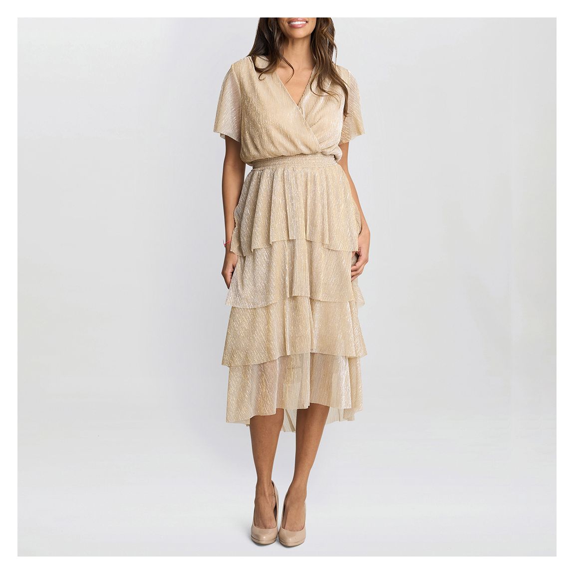 Champagne Cheri Metallic Knit Tiered Dress main product photo