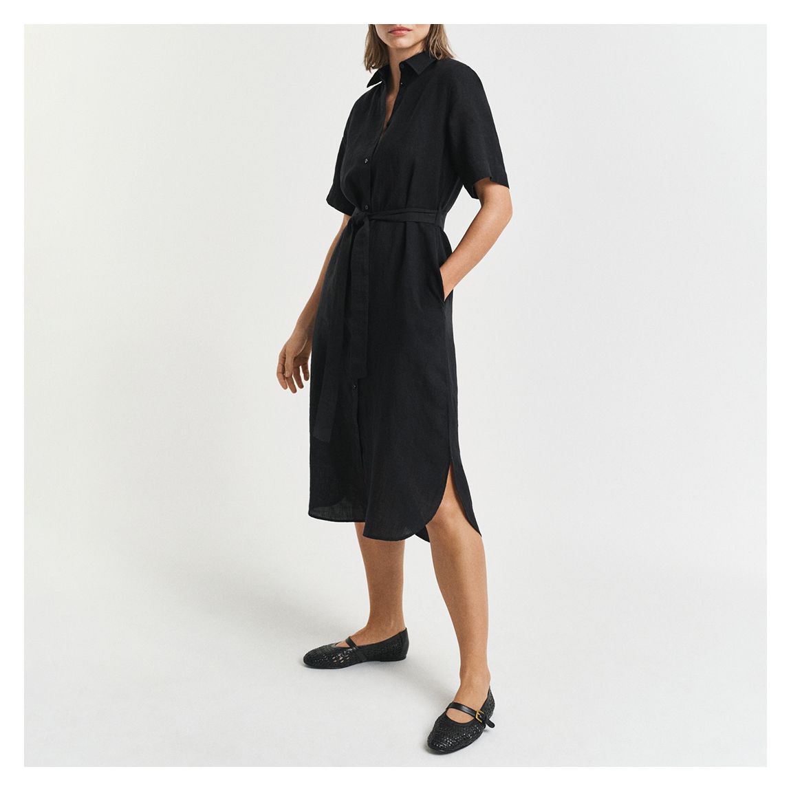 Black Linen Short Sleeve Shirt Dress main product photo