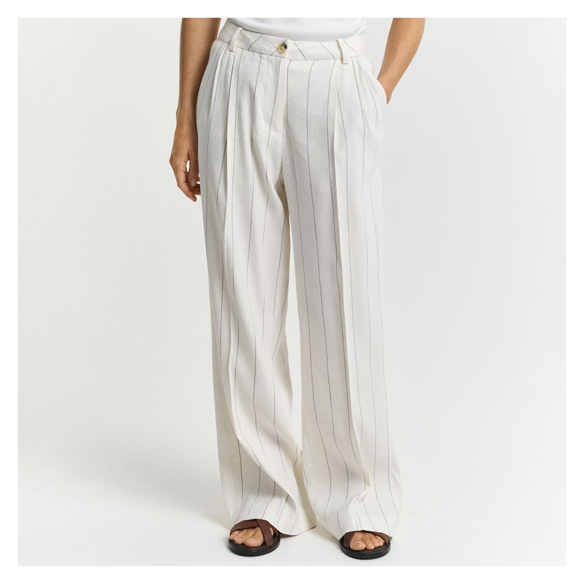 White Tailored Pleated Linen Blend Trousers main product photo