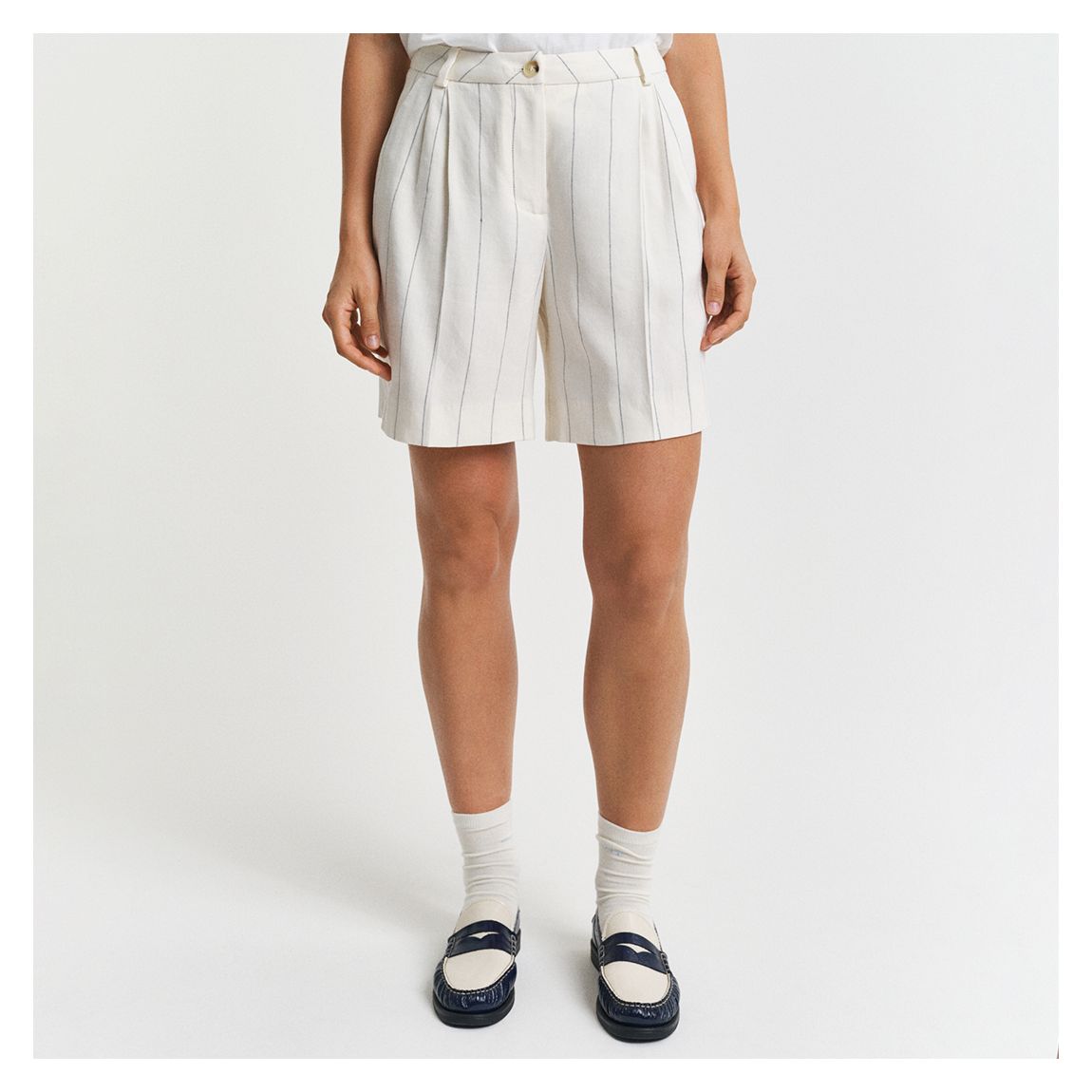 Cream Pinstripe Linen Shorts main product photo
