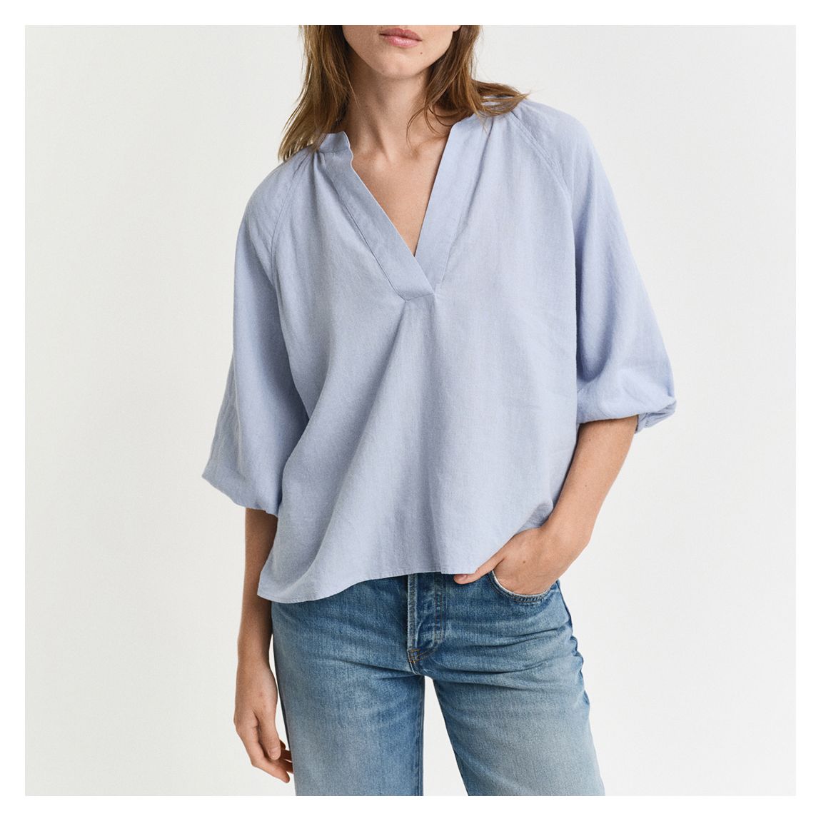 Blue Linen V-Neck Blouse main product photo