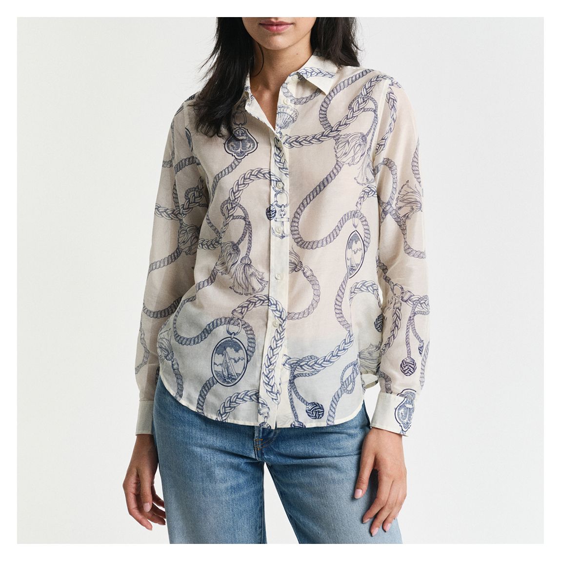 Cream Sailing Print Silk Blend Shirt main product photo