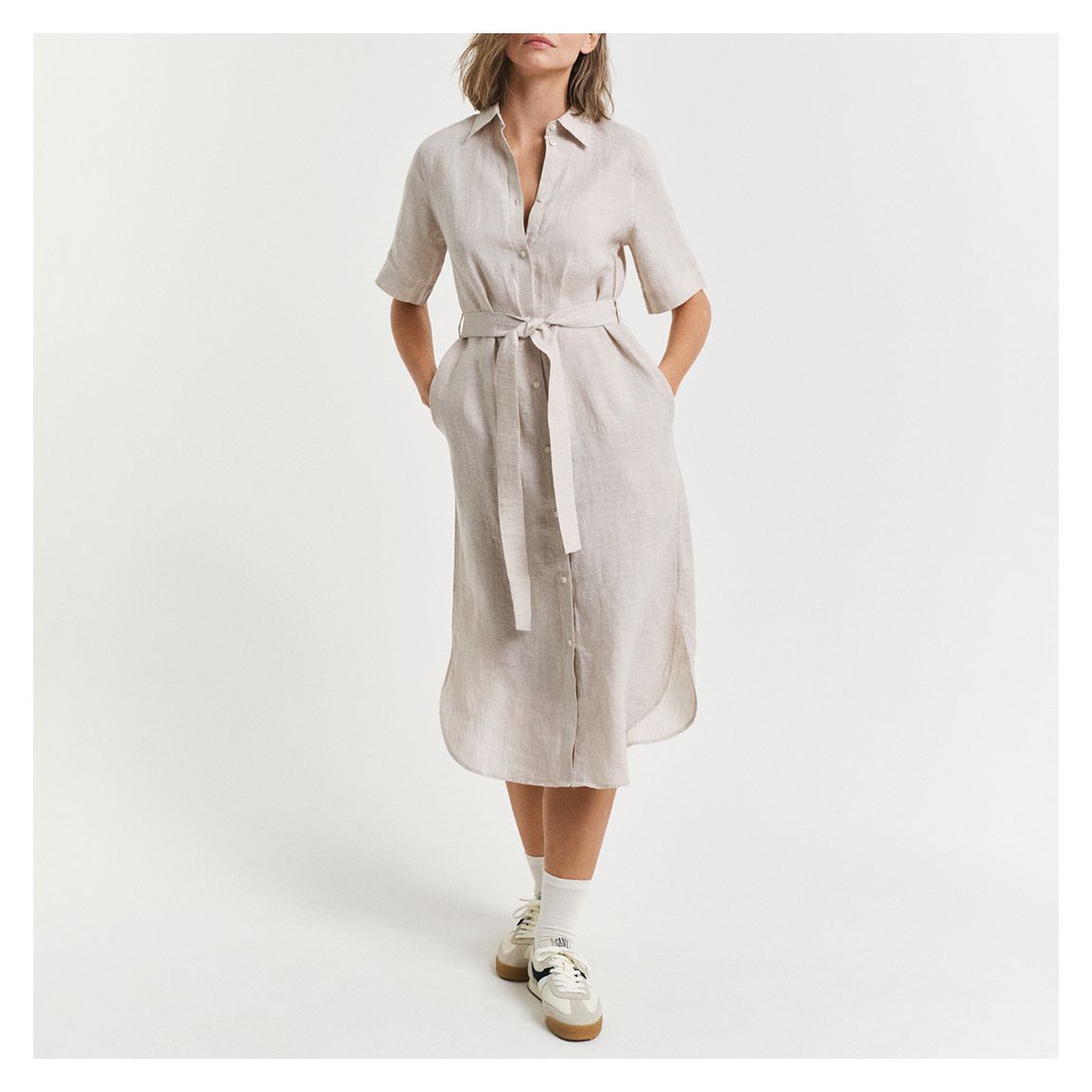 Beige Linen Short Sleeve Shirt Dress main product photo