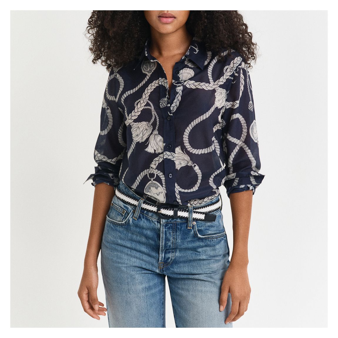 Navy Sailing Print Silk Blend Shirt main product photo