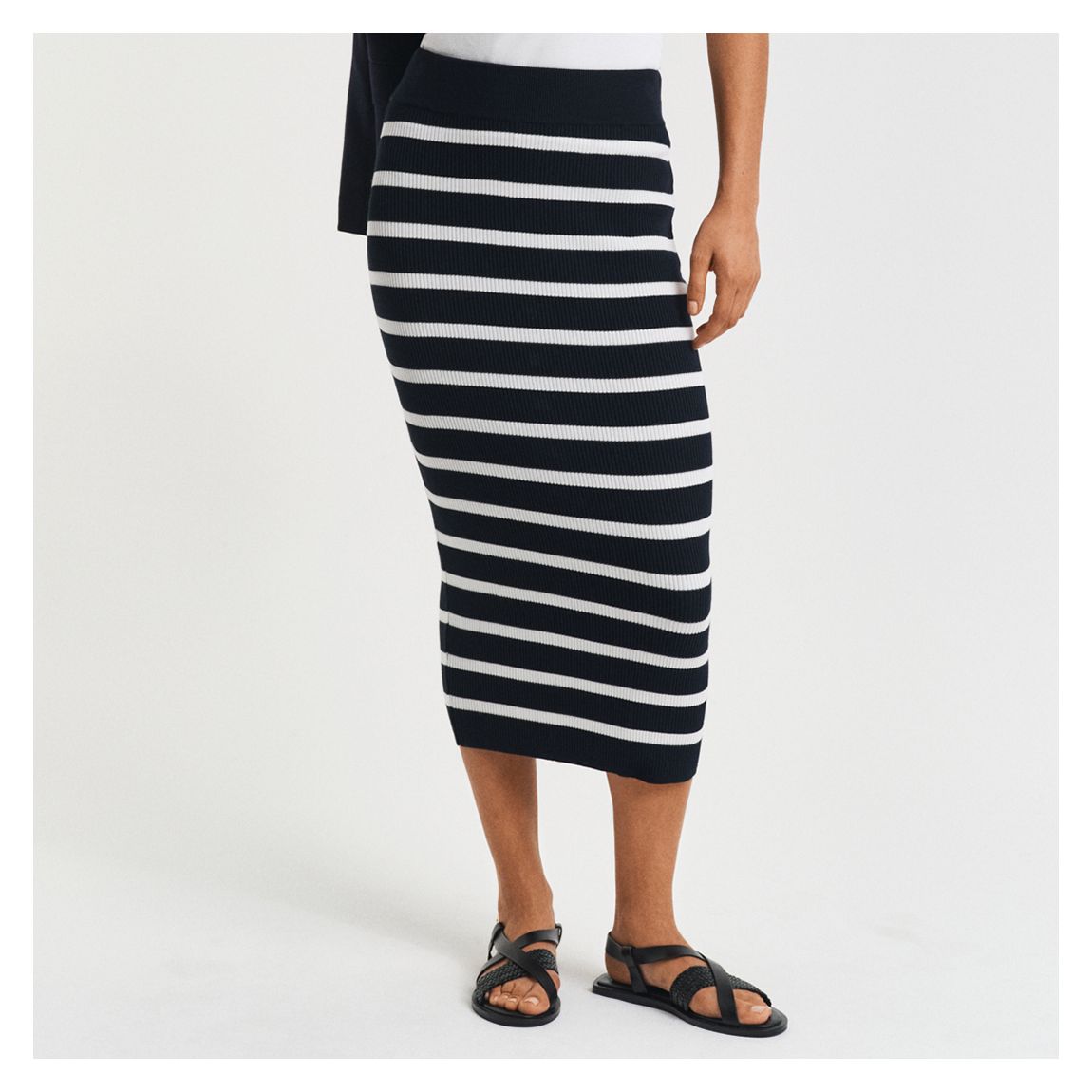 Navy/ White Striped Thin Knitted Midi Skirt main product photo