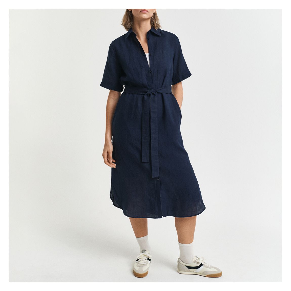 Navy Linen Short Sleeve Shirt Dress main product photo