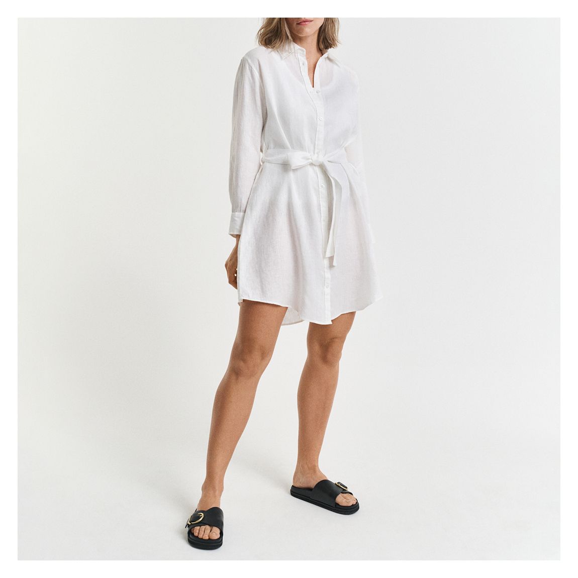 White Linen Belted Shirt Dress main product photo