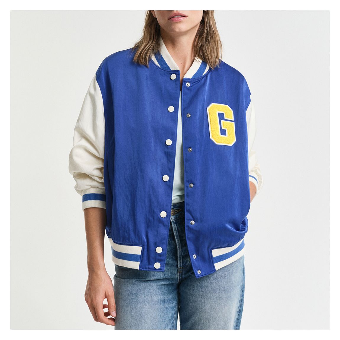 Blue Satin Badge Varsity Jacket main product photo