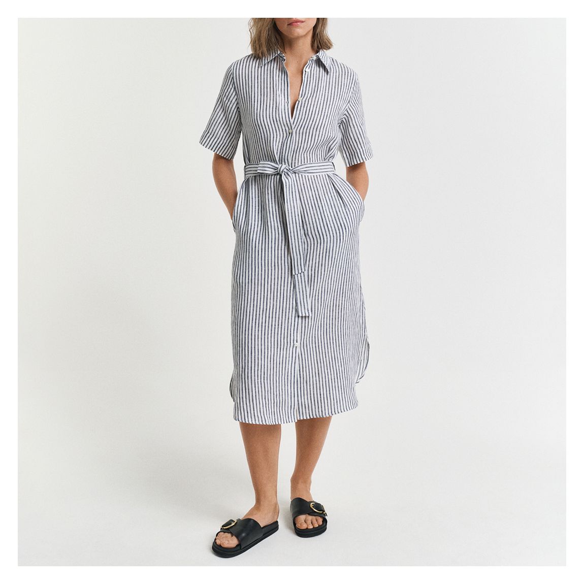 Beige Striped Linen Striped Shirt Dress main product photo