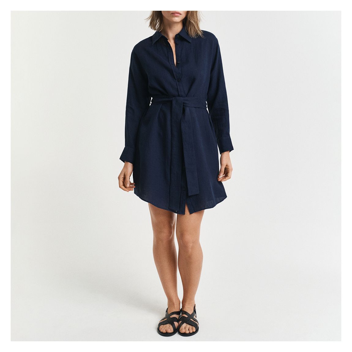 Navy Linen Belted Shirt Dress main product photo
