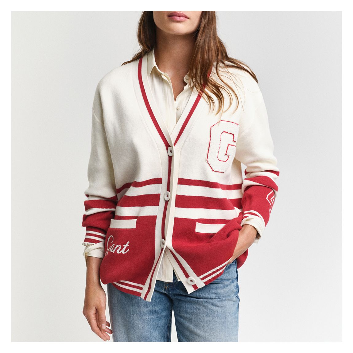 Red/Ecru Varsity Cotton Cardigan main product photo