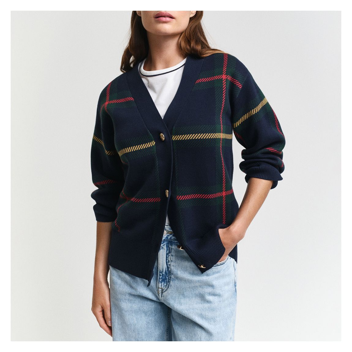 Navy Checked V-Neck Cardigan main product photo