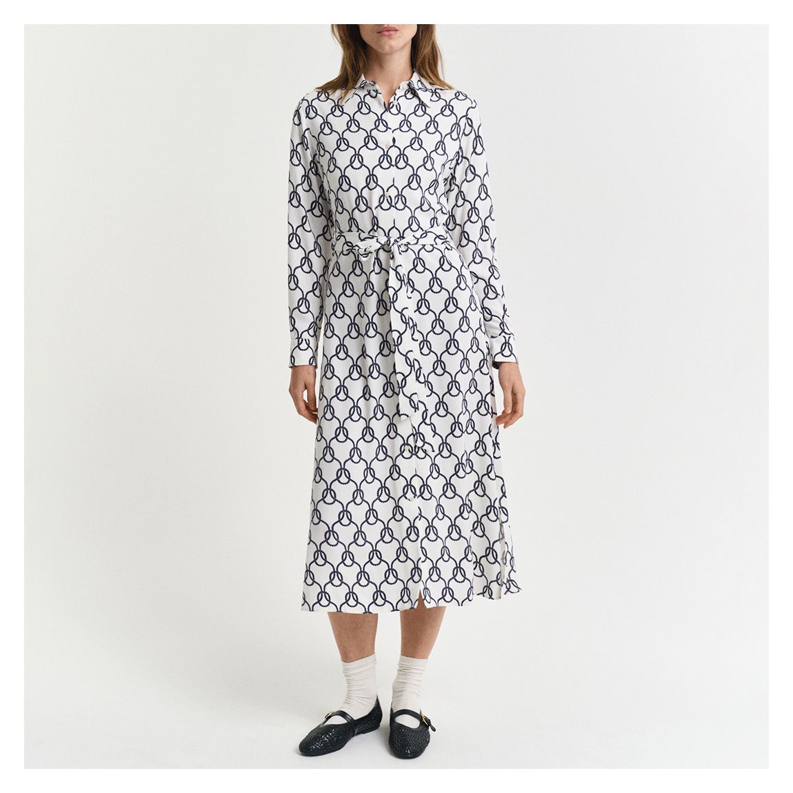 Cream Slim Rope Print Midi Shirt Dress main product photo