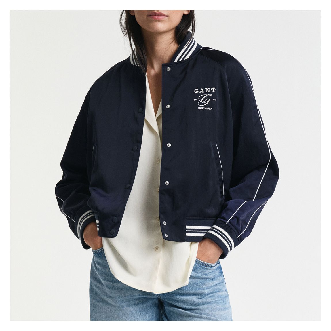 Navy Satin Varsity Jacket main product photo