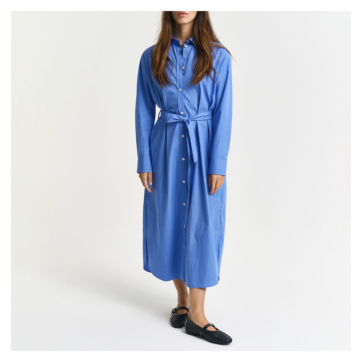 Blue Cotton Poplin Midi Shirt Dress main product photo