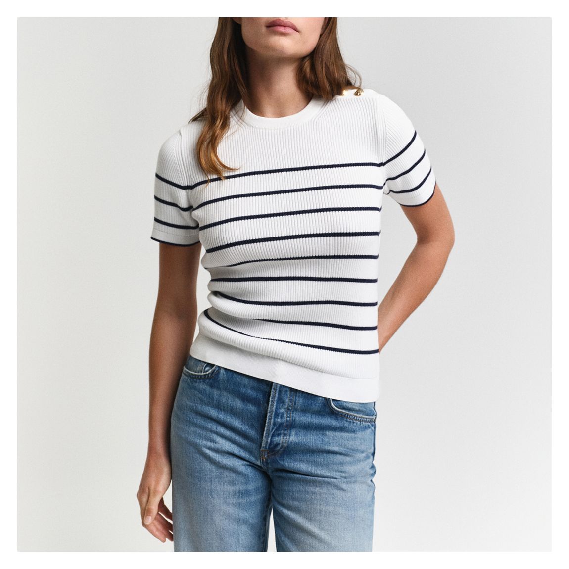 Cream Ribbed Breton Knit Top main product photo