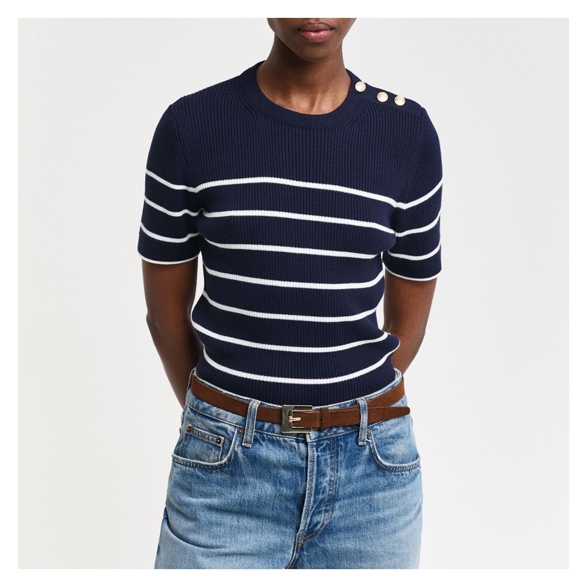 Navy Ribbed Breton Knit Top main product photo
