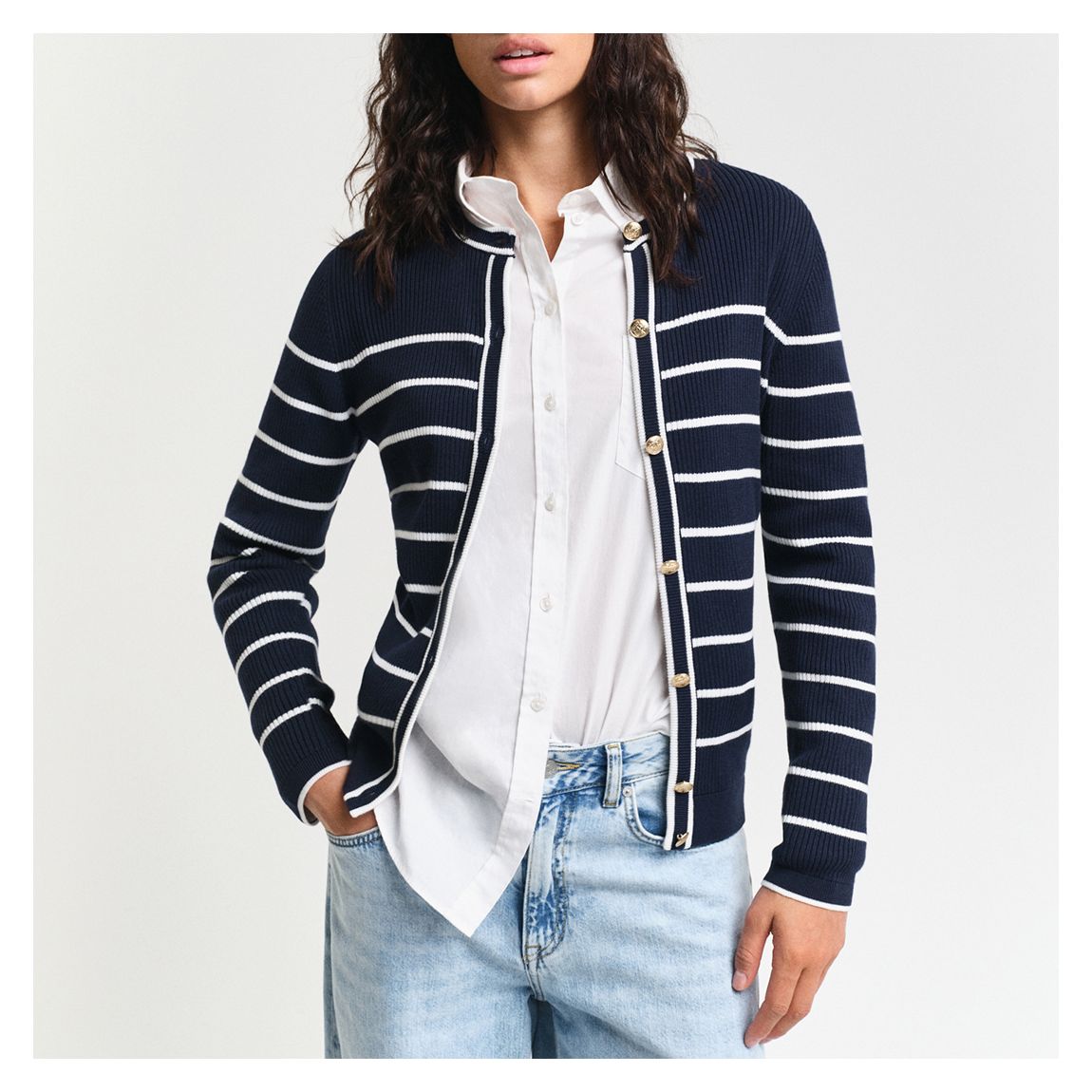 Navy Ribbed Breton Stripe Cardigan main product photo