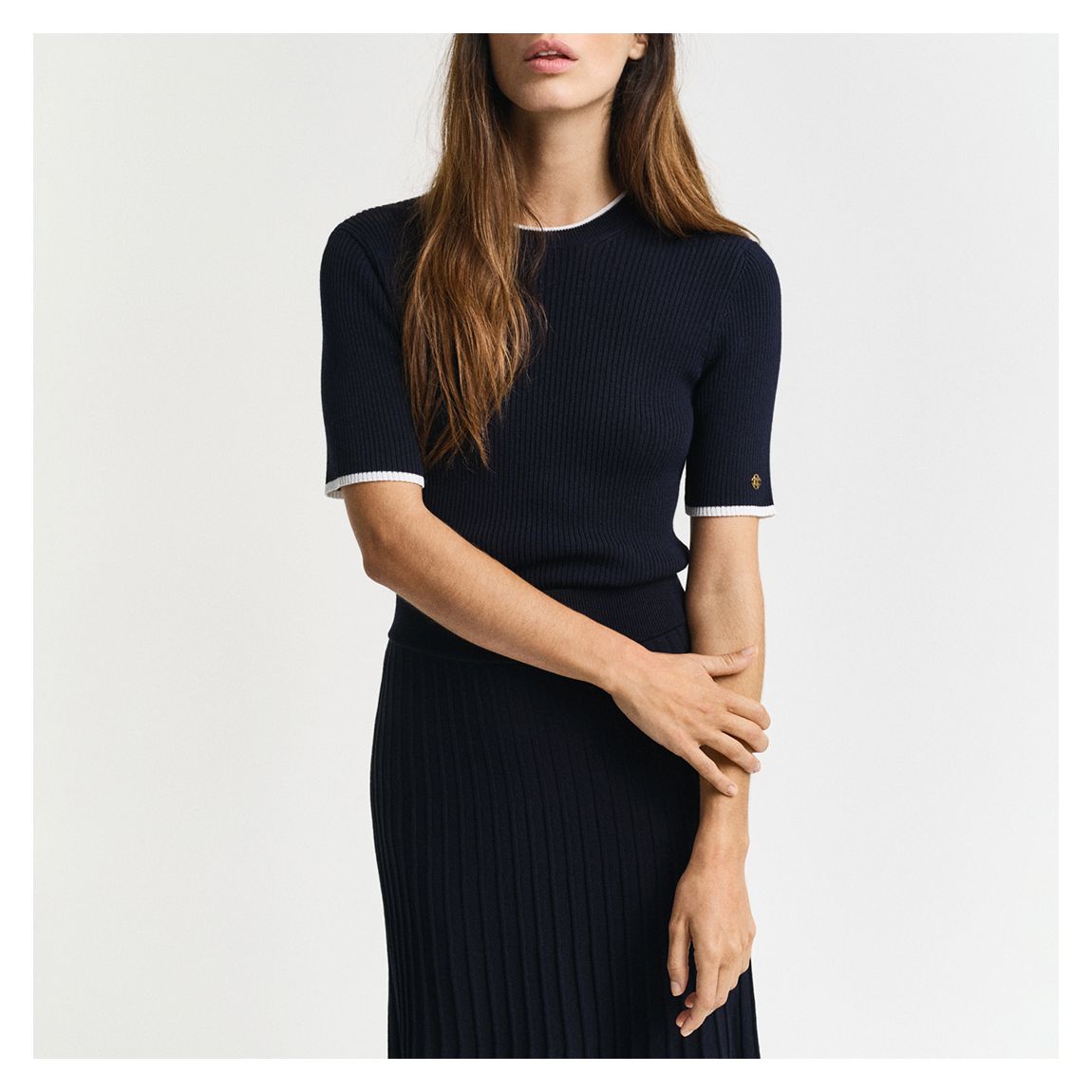 Black Contrast Ribbed Short Sleeve Top main product photo