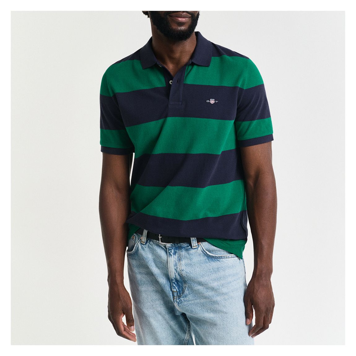 Green/ Navy Block Stripe Polo Shirt main product photo