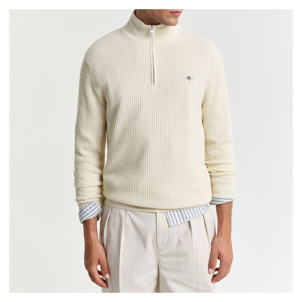 Ecru Zipped Waffle Texture Half Zip Jumper main product photo